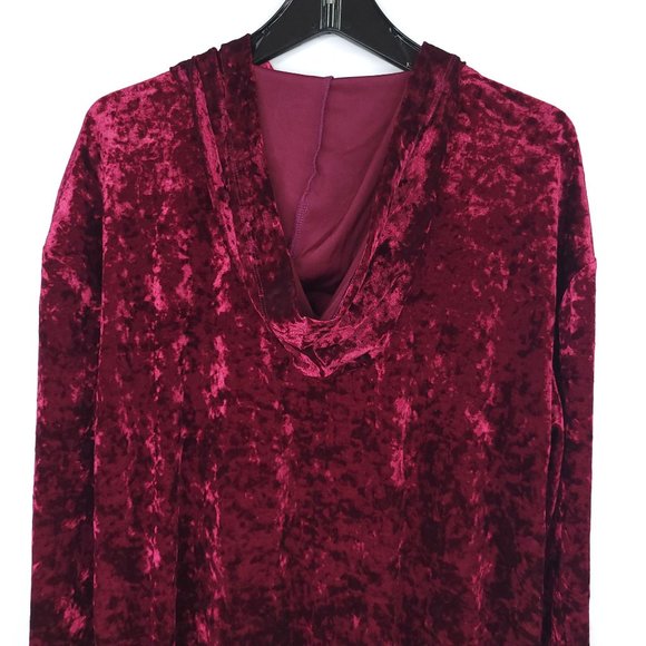 Jodifl Burgundy Velvet Hooded Pullover Top Sz M Stretchy Pocket Long Sleeve Boho - Picture 6 of 12